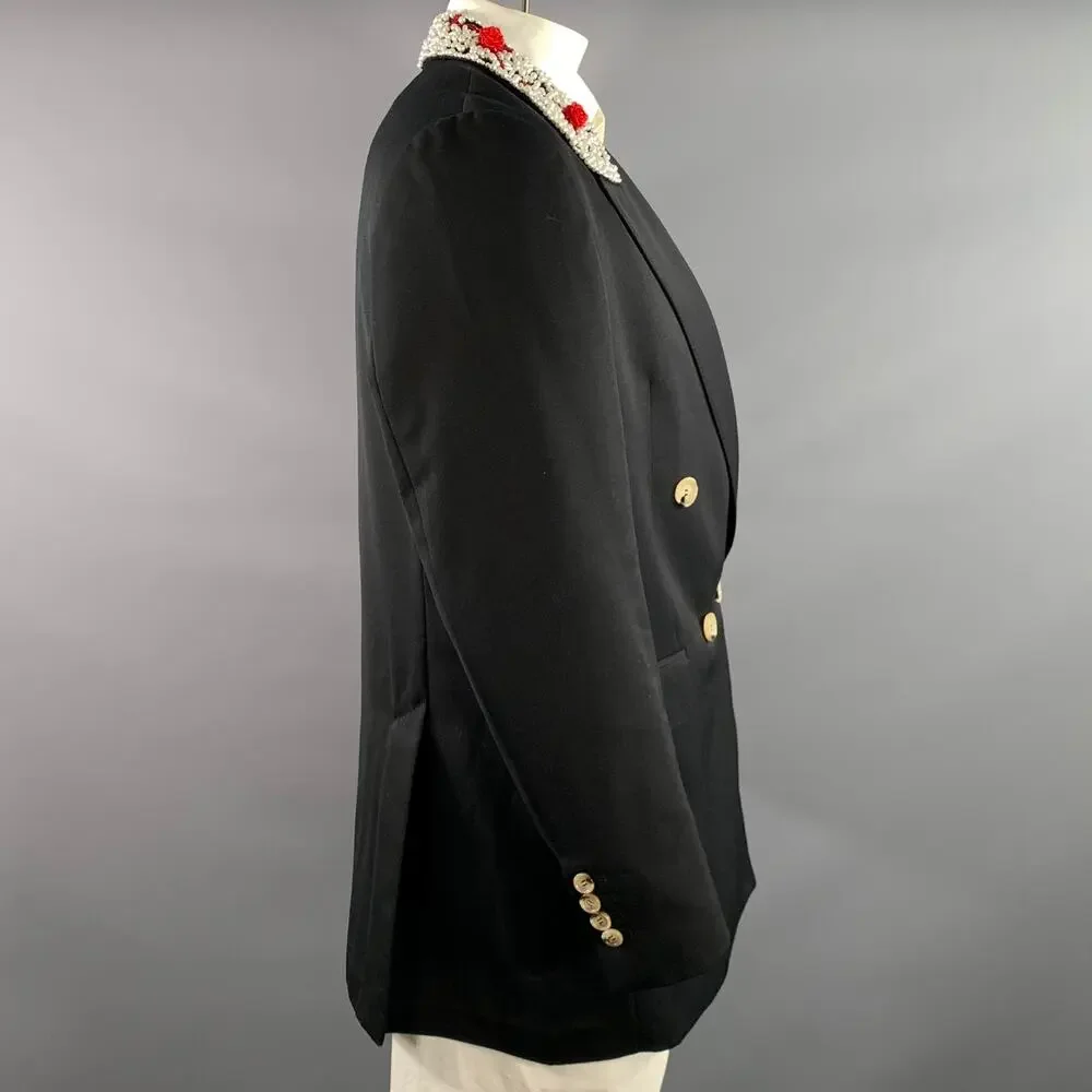 SIMONE ROCHA Chest Size L Black Red & White Beaded Wool Blend Sport Coat